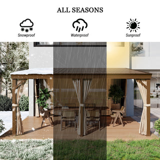 Hardtop Wall Mounted Gazebo with Sloping Galvanized Steel Roof, Aluminum Frame, Drainage System, Curtains and Netting, for Patio, Deck, Garden, Backyard