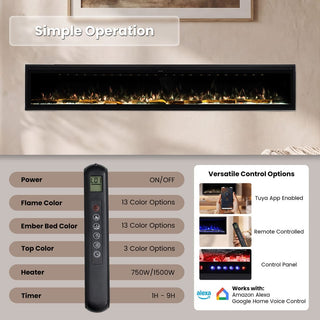 Smart Electric Fireplace with 13 Flame Colors, WiFi & Voice Control, 750W/1500W Heater, LED Ember Bed & Remote