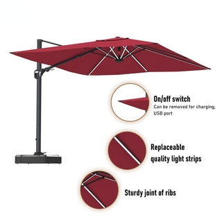 11FT Square Cantilever Patio Umbrella with LED Lights-Red/Navy Blue/Gray