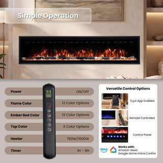 Smart Electric Fireplace with 13 Flame Colors, WiFi & Voice Control, 750W/1500W Heater, LED Ember Bed & Remote