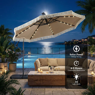 10FT Iron Cantilever Patio Umbrella with Tassels – 360° Rotating Outdoor Offset Umbrella with PU-Coated Polyester Canopy