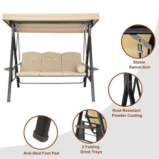 3-Person Steel Patio Swing with Adjustable Canopy & Removable Cushions, Outdoor Porch Swing Chair in Beige