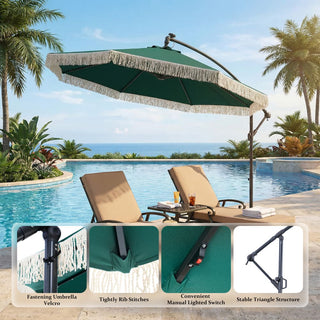 10FT Iron Cantilever Patio Umbrella with Tassels – 360° Rotating Outdoor Offset Umbrella with PU-Coated Polyester Canopy