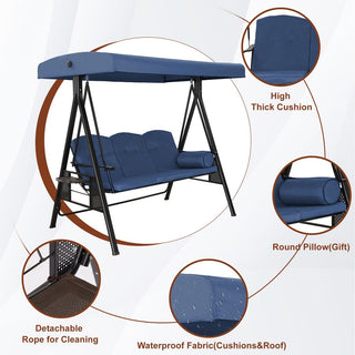 3-Person Steel Patio Swing with Adjustable Canopy & Removable Cushions, Outdoor Porch Swing Chair in Beige