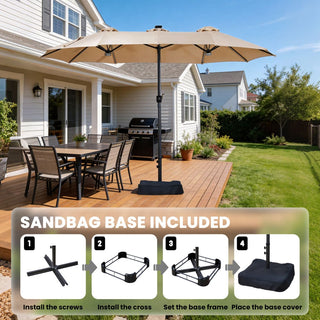 15FT Double-Sided Patio Umbrella with RGB LED Lights & Base – Extra Large Outdoor Market Umbrella for Backyard, Pool & Garden