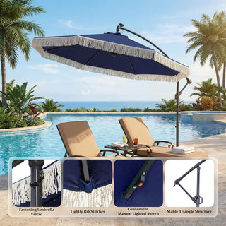 10FT Iron Cantilever Patio Umbrella with Tassels – 360° Rotating Outdoor Offset Umbrella with PU-Coated Polyester Canopy