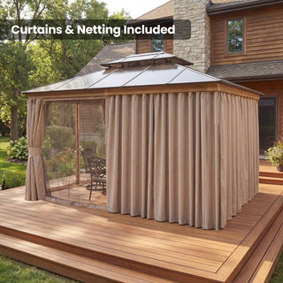 Aetherdome Permanent Aluminum Outdoor Hardtop Gazebo – Pavilion with Double Roof, Curtains & Netting