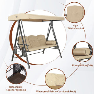 3-Person Steel Patio Swing with Adjustable Canopy & Removable Cushions, Outdoor Porch Swing Chair in Beige