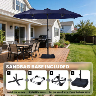 15FT Double-Sided Patio Umbrella with RGB LED Lights & Base – Extra Large Outdoor Market Umbrella for Backyard, Pool & Garden