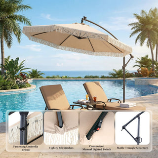 10FT Iron Cantilever Patio Umbrella with Tassels – 360° Rotating Outdoor Offset Umbrella with PU-Coated Polyester Canopy