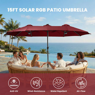 15FT Double-Sided Patio Umbrella with RGB LED Lights & Base – Extra Large Outdoor Market Umbrella for Backyard, Pool & Garden
