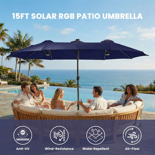 15FT Double-Sided Patio Umbrella with RGB LED Lights & Base – Extra Large Outdoor Market Umbrella for Backyard, Pool & Garden