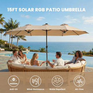 15FT Double-Sided Patio Umbrella with RGB LED Lights & Base – Extra Large Outdoor Market Umbrella for Backyard, Pool & Garden