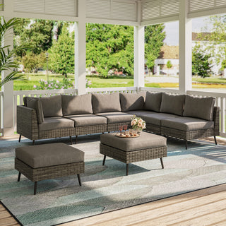 8 Piece PE Rattan Outdoor Sectional Sofa Set, All Weather Wicker Patio Conversation Set with Thick Cushions for Garden, Poolside, Backyard – Beige/Gray