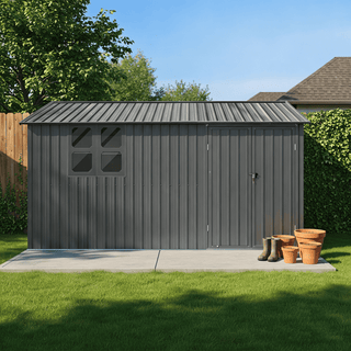 12x10 FT Metal Garden Shed Outdoor Storage, Multi-Color (White/Black/Grey/Brown) with Window & Shelving, Heavy Duty Garden Tool Shed for Backyard & Patio