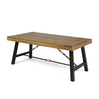 Outdoor Acacia Wood Coffee Table, Teak Finish with Rustic Brown & Black Metal Frame, 45.75" W x 27.25" D x 18" H