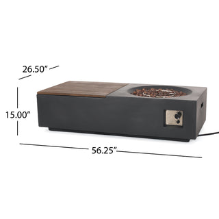 Outdoor 50,000 BTU Lightweight Concrete Rectangular Fire Pit Table with Storage, Dark Gray and Natural Brown (Tank Cover not Included)