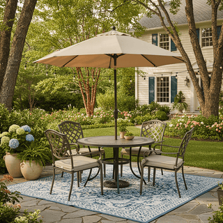 5-Piece Outdoor Cast Aluminum Patio Dining Set with Gray Tile Round Table & Cushioned Chairs