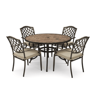 Outdoor 5-Piece Aluminum Patio Dining Set with Tile Top Table, Umbrella Hole, 4 Swivel Rocker Chairs with Cushions