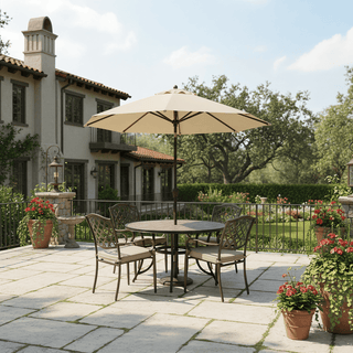 Outdoor 5-Piece Aluminum Patio Dining Set with Tile Top Table, Umbrella Hole, 4 Swivel Rocker Chairs with Cushions