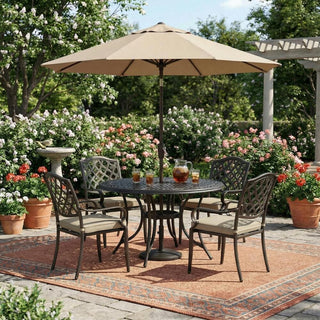 5-Piece Vintage Cast Aluminum Patio Dining Set with Round Umbrella Table & Swivel Rocker Chairs