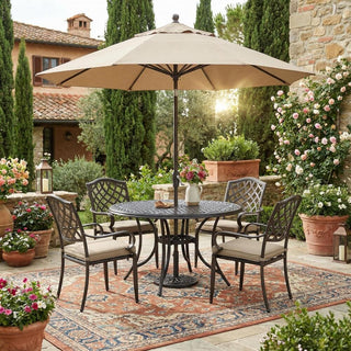 5-Piece Vintage Cast Aluminum Patio Dining Set with Round Umbrella Table & Swivel Rocker Chairs