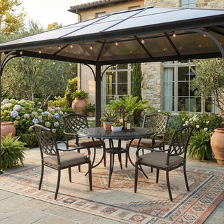 5-Piece Vintage Cast Aluminum Patio Dining Set with Round Umbrella Table & Swivel Rocker Chairs