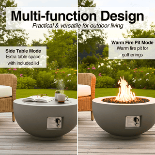 Outdoor Round Propane Fire Pit Table 28-inch,40,000 BTU Fire Pit Bowl,Light Concrete Propane Fire Pit with Free Lava Rocks,Rain Cover and Burner Lid,for Outside Patio,Garden,Deck,Light Gray