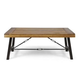 Outdoor Acacia Wood Coffee Table, Teak Finish with Rustic Brown & Black Metal Frame, 45.75" W x 27.25" D x 18" H