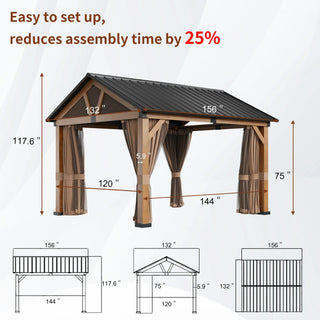 13X11 FT Patio Gable Roof Hardtop Gazebo Aluminium Frame Galvanized Steel Top