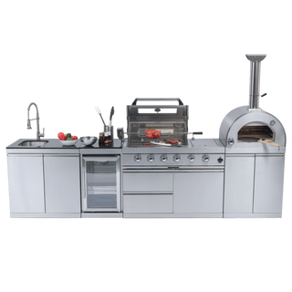 Outdoor Kitchen Island with 120,000 BTU Double Grill, Pizza Oven, Fridge, Rotisserie & Granite Countertops