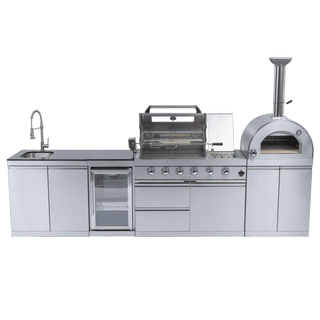 Outdoor Kitchen Island with 120,000 BTU Double Grill, Pizza Oven, Fridge, Rotisserie & Granite Countertops
