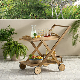 Acacia Wood Rolling Bar Cart With Wheels