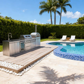 Outdoor Kitchen Island with 120,000 BTU Double Grill, Pizza Oven, Fridge, Rotisserie & Granite Countertops