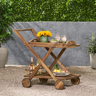 Acacia Wood Rolling Bar Cart With Wheels