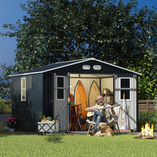 8x10 Ft Outdoor Storage Shed with Protective Coating, 4 Daylight Windows & Lockable Doors, Heavy-Duty Metal Garden Shed, Dual Color Option