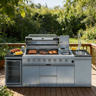 Mondawe 96" 6-Burner Outdoor Kitchen Island Grill, 85,000 BTU Stainless Steel BBQ with Wine Cooler, Rotisserie & Granite Countertop
