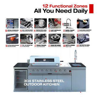 Mondawe 96" 6-Burner Outdoor Kitchen Island Grill, 85,000 BTU Stainless Steel BBQ with Wine Cooler, Rotisserie & Granite Countertop