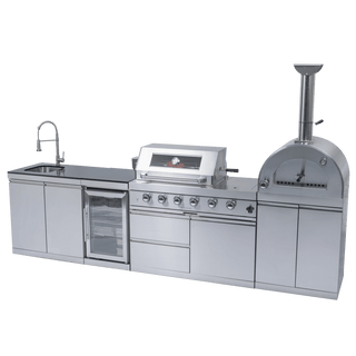 Outdoor Kitchen Island with 120,000 BTU Double Grill, Pizza Oven, Fridge, Rotisserie & Granite Countertops