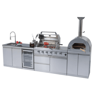 Outdoor Kitchen Island with 120,000 BTU Double Grill, Pizza Oven, Fridge, Rotisserie & Granite Countertops
