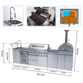 Outdoor Kitchen Island with 120,000 BTU Double Grill, Pizza Oven, Fridge, Rotisserie & Granite Countertops