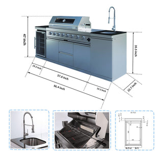 Mondawe 96" 6-Burner Outdoor Kitchen Island Grill, 85,000 BTU Stainless Steel BBQ with Wine Cooler, Rotisserie & Granite Countertop