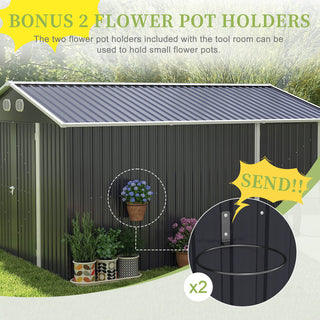 10x12 FT Outdoor Metal Storage Shed, Large Garden Shed with Sturdy Frame & Lockable Door, Weather-Resistant Tool Storage Shed for Backyard, Dark Gray/Brown