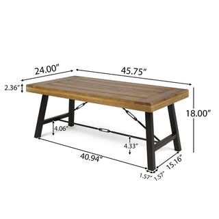 Outdoor Acacia Wood Coffee Table, Teak Finish with Rustic Brown & Black Metal Frame, 45.75" W x 27.25" D x 18" H