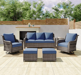 6-Piece PE Wicker Patio Conversation Set with Sofa, 2 Swivel Rocking Chairs, 2 Ottomans & Side Table
