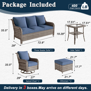 6-Piece PE Wicker Patio Conversation Set with Sofa, 2 Swivel Rocking Chairs, 2 Ottomans & Side Table