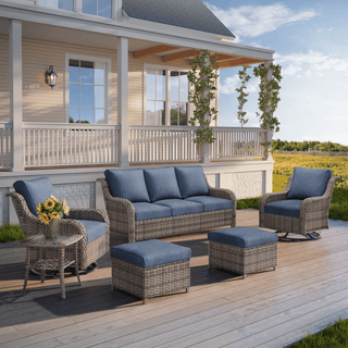 6-Piece PE Wicker Patio Conversation Set with Sofa, 2 Swivel Rocking Chairs, 2 Ottomans & Side Table