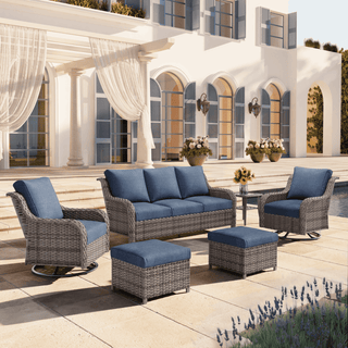 6-Piece PE Wicker Patio Conversation Set with Sofa, 2 Swivel Rocking Chairs, 2 Ottomans & Side Table