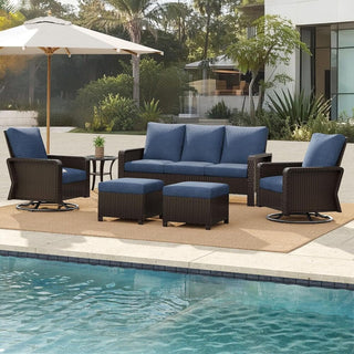 7-Piece PE Wicker Patio Furniture Set with 3-Seat Sofa, 2 Swivel Chairs, 2 Ottomans & Side Table, Durable Outdoor Conversation Set with Fade-Resistant Frame