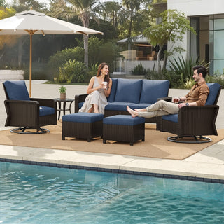 7-Piece PE Wicker Patio Furniture Set with 3-Seat Sofa, 2 Swivel Chairs, 2 Ottomans & Side Table, Durable Outdoor Conversation Set with Fade-Resistant Frame